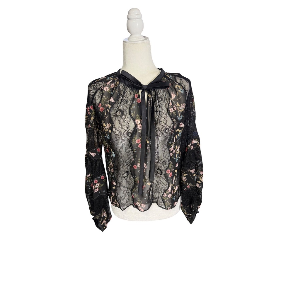 Amanda Uprichard Black Floral Sheer Lace Tie Neck Blouse Top Size P Small